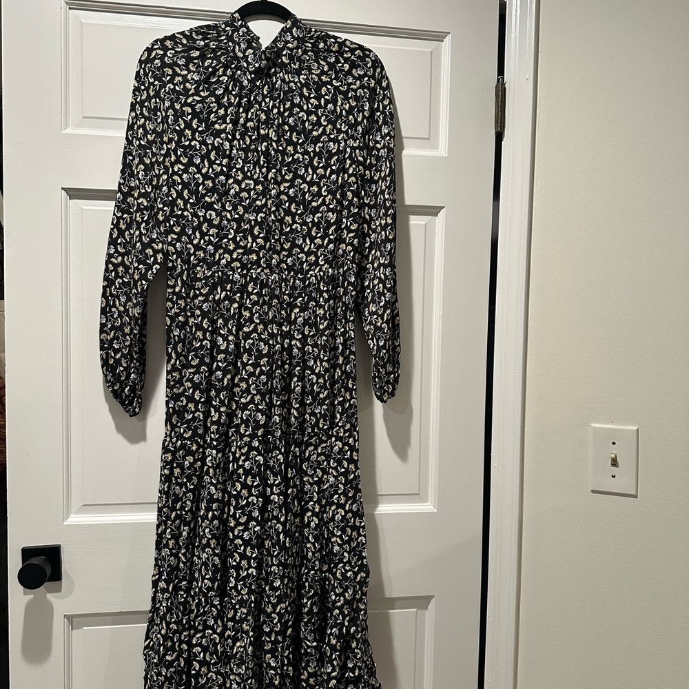 Zara Elegant Navy Floral Patterned mock collar Maxi Dress